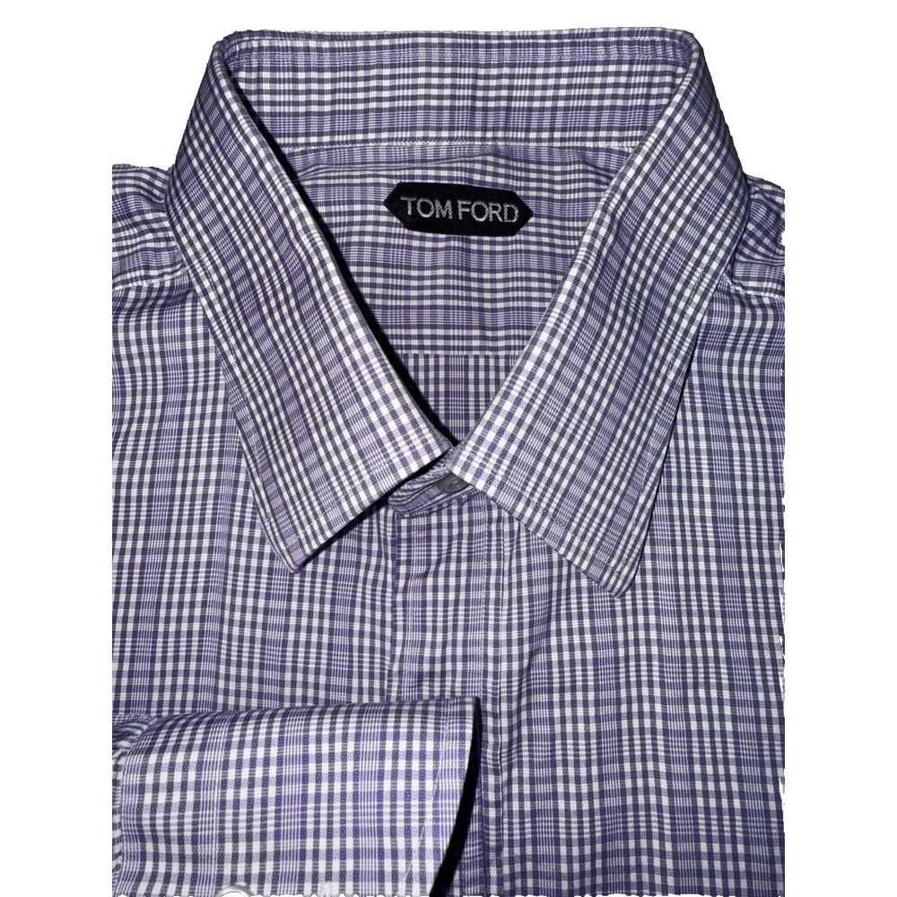 Tom Ford Button Up Dress Shirt Purple Plaid Pearl Button Cotton Italy Mens 46/18